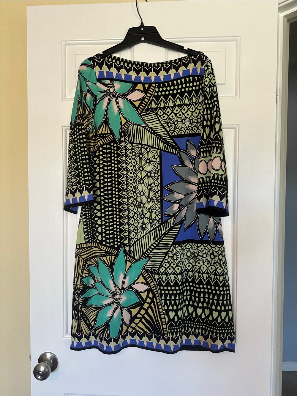 Ali Ro Black Shift Dress with Teal, Blue and Cream Floral Print